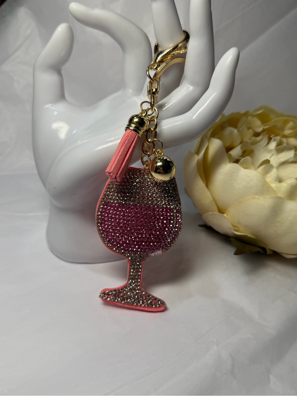 Crystal Wine Glass Keychain with Pink Tassel
